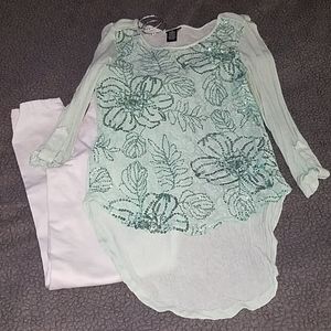 3 for $15 :3/4 Sleeve Seafoam w/Sequins Leaf & Flower High/Lo